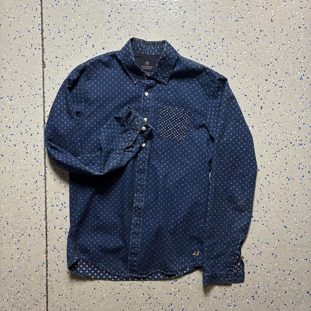 Scotch & Soda Dot Button Shirt Mens M Long Sleeve Geometric AOP Navy Blue